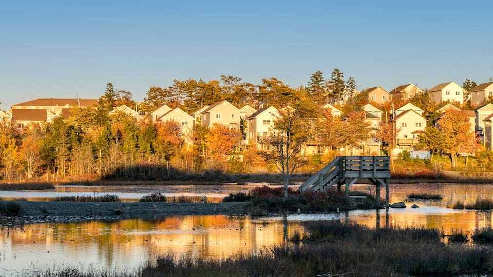 Houses on Belchers Marsh Park cast reflections onto the surface of the pond, autumn October 17, 2014.
