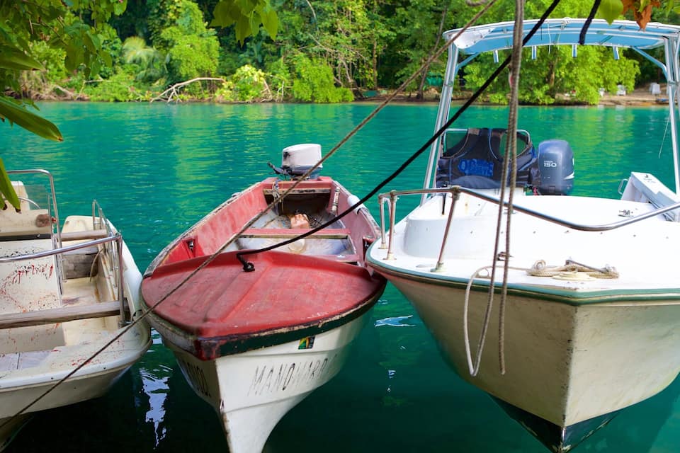 Three boats docked at a calm, turquoise body of water surrounded by lush greenery.