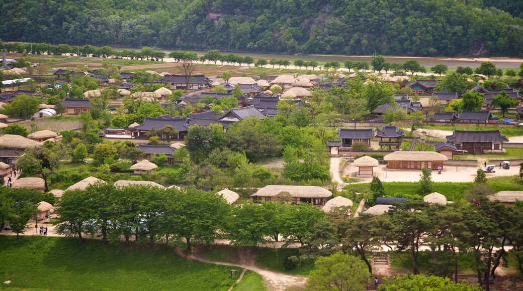Buyongdae Cliff showing landscape views and a small town or village