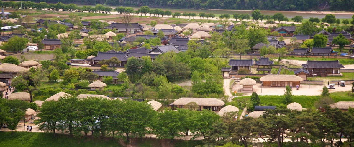 Buyongdae Cliff showing landscape views and a small town or village
