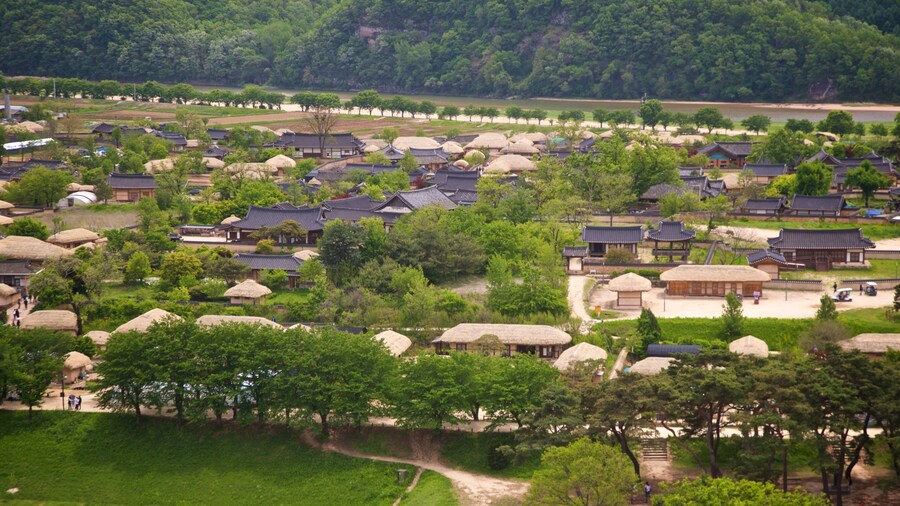 Buyongdae Cliff showing landscape views and a small town or village