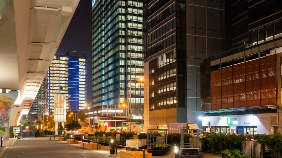 Kwun Tong Promenade showing night scenes, street scenes and a city