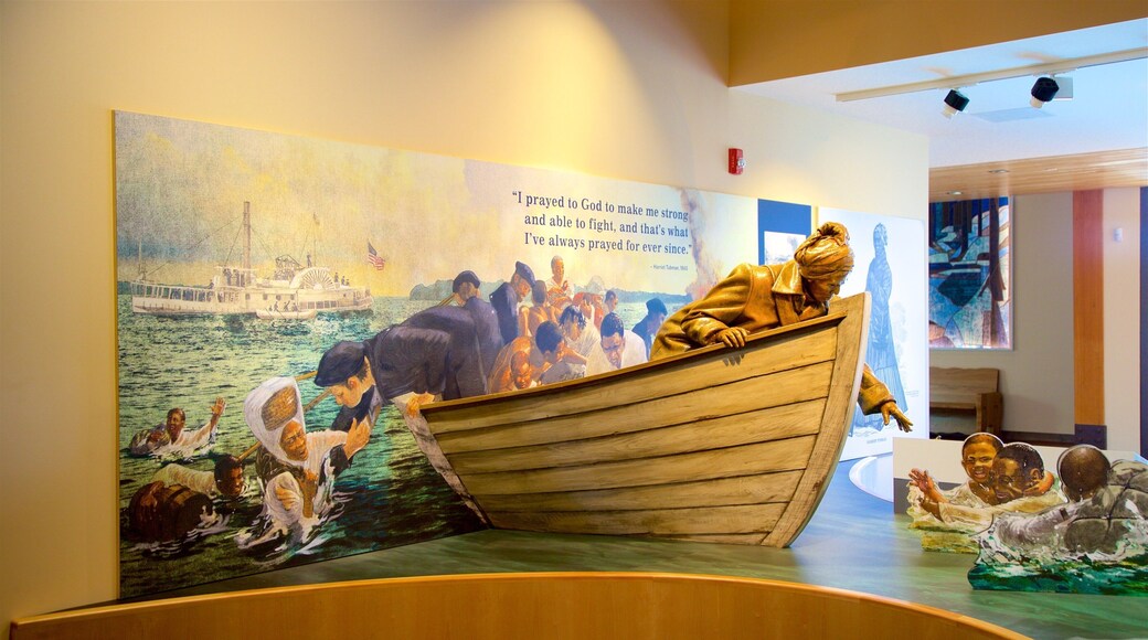 Harriet Tubman Underground Railroad National Historical Park which includes interior views, a statue or sculpture and signage