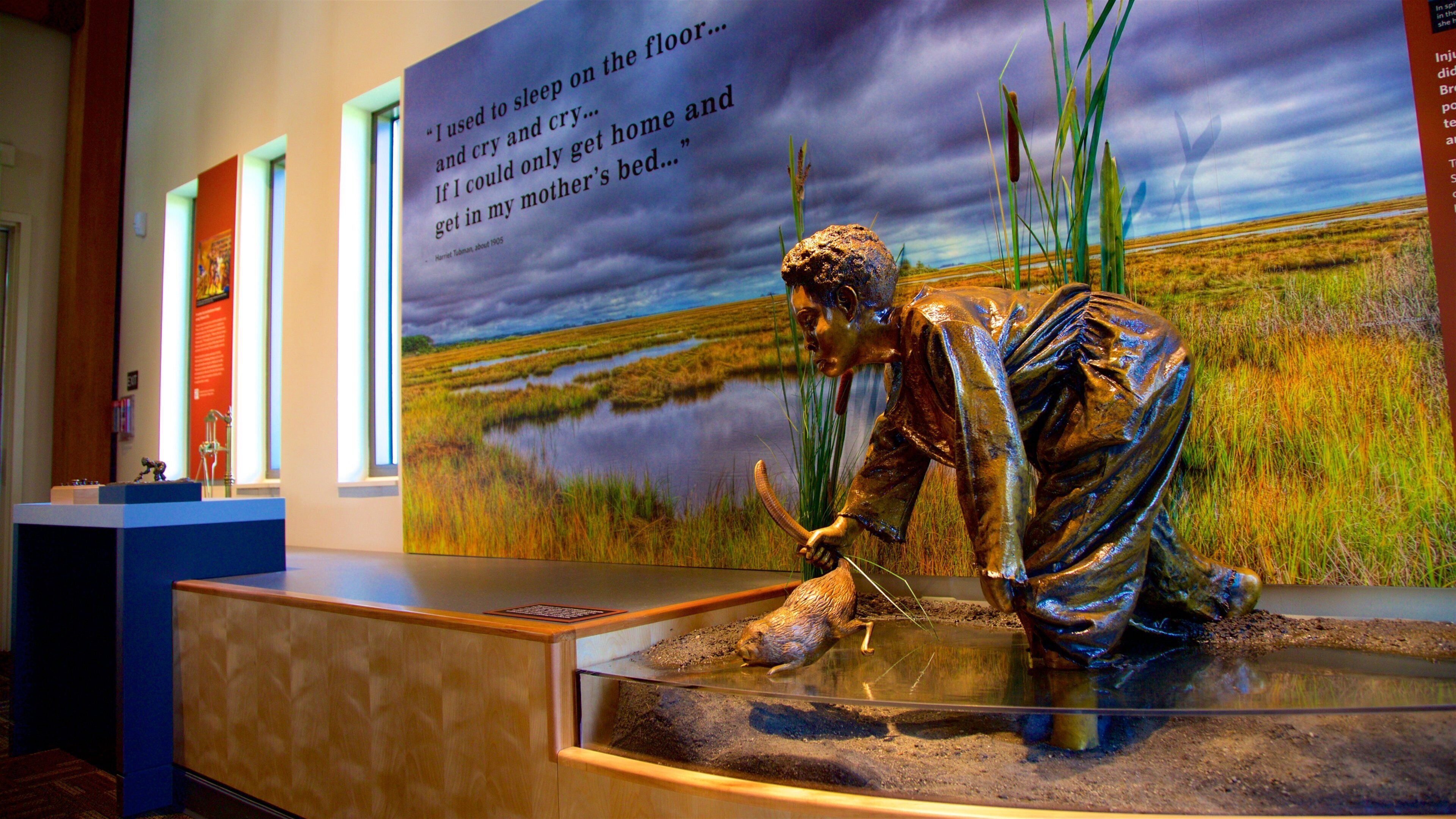 Harriet Tubman Underground Railroad National Historical Park featuring a statue or sculpture, signage and interior views