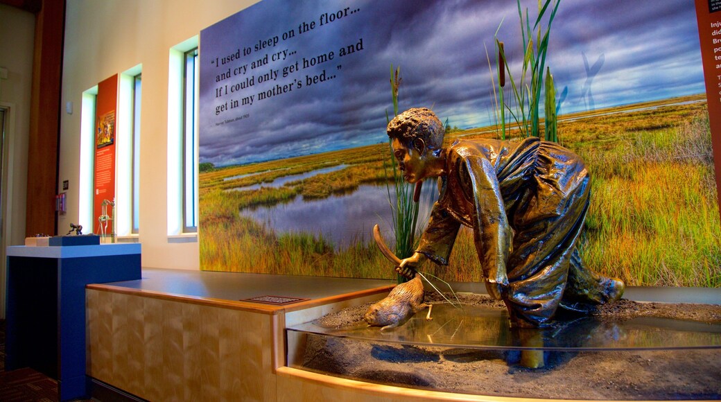 Harriet Tubman Underground Railroad National Historical Park featuring a statue or sculpture, signage and interior views