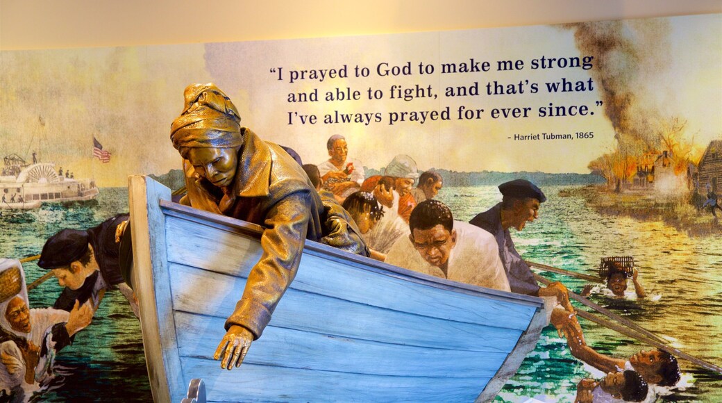 Harriet Tubman Underground Railroad National Historical Park showing signage, interior views and a statue or sculpture