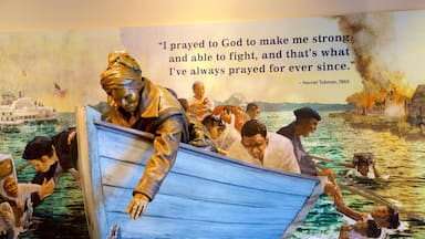 Harriet Tubman Underground Railroad National Historical Park showing signage, interior views and a statue or sculpture