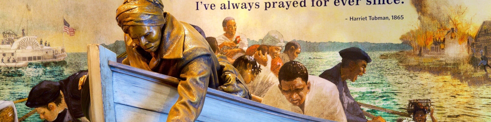 Harriet Tubman Underground Railroad National Historical Park showing signage, interior views and a statue or sculpture