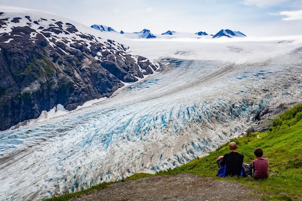 Father and son hiking at Exit Glacier, Kenai Fjords National Park, Alaska