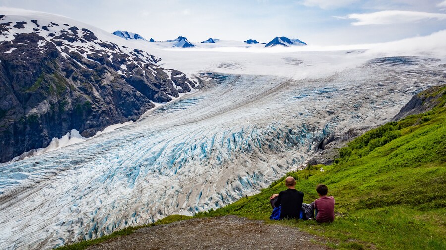 Father and son hiking at Exit Glacier, Kenai Fjords National Park, Alaska