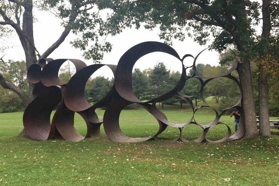 A metal sculpture resembling tree branches in a park.