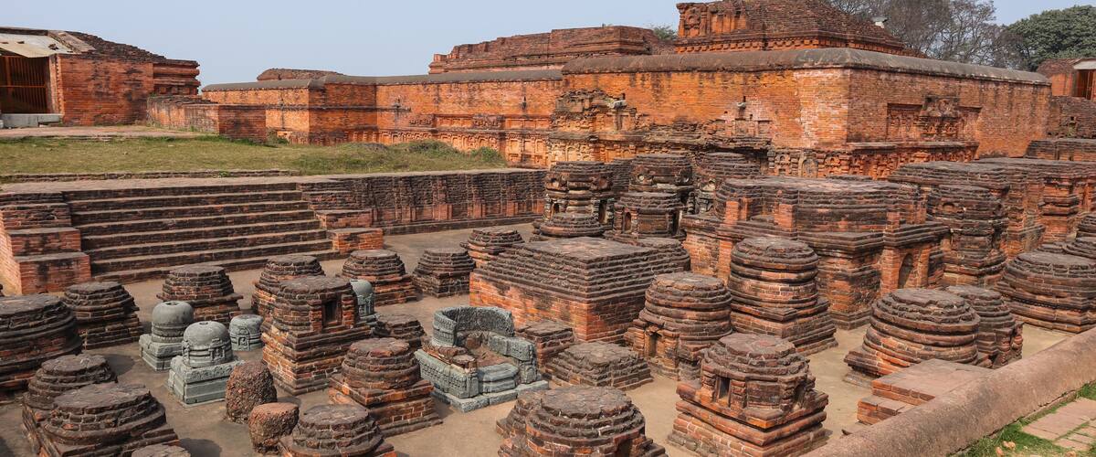 India, Bihar, Rajgir, View of Ancient Ruins of Worlds Oldest Nalanda University, The Red Brick Monuments With Ruin Buddha Vihara's Around Campus.