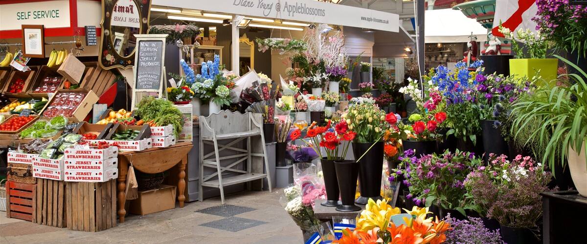 St. Helier Central Market which includes markets and flowers