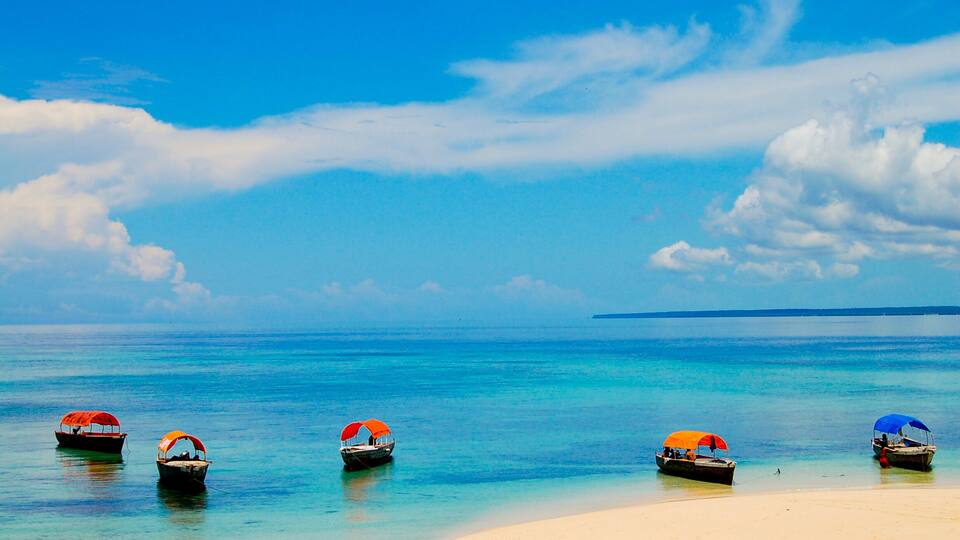 A beach with several boats anchored near the shore.