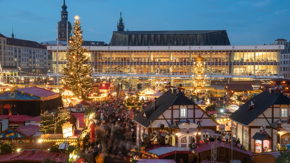 Dresden Germany Christmas market on the day of its inauguration on November 23, 2022, Striezelmarkt is the world famous Christmas market held at Altmarkt Square in Dresden.