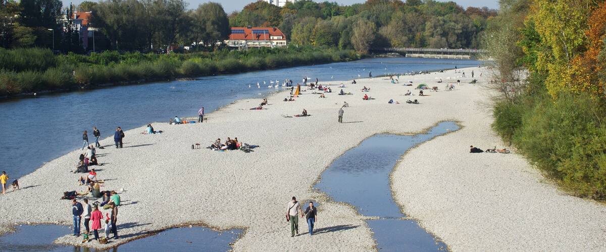 Beautiful view of the Isar river at the Flaucher, Munich, Germany