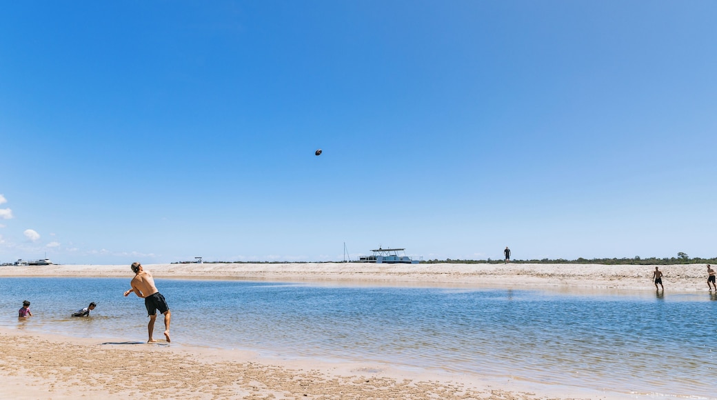 A beach with clear skies, calm water, and a few people.