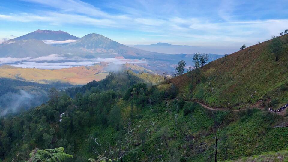 A mountainous landscape with a prominent peak, lush green forests, and a clear sky.