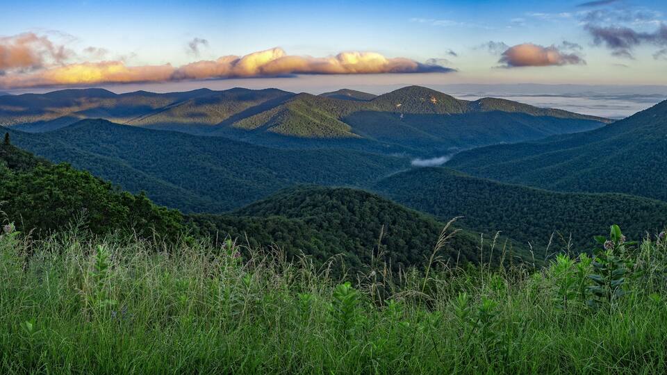 A mountainous landscape with dense forests and a winding road.