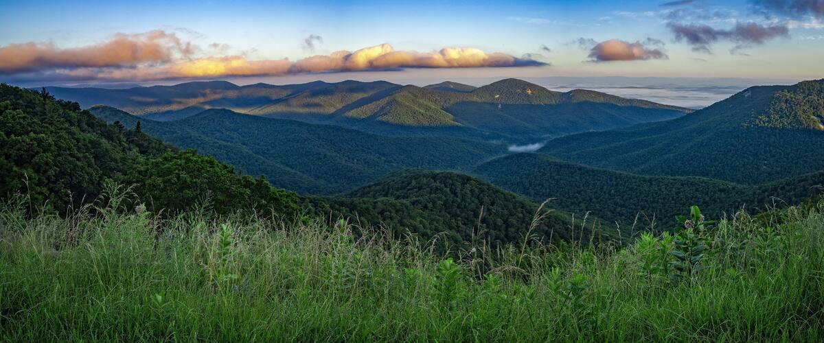 A mountainous landscape with dense forests and a winding road.