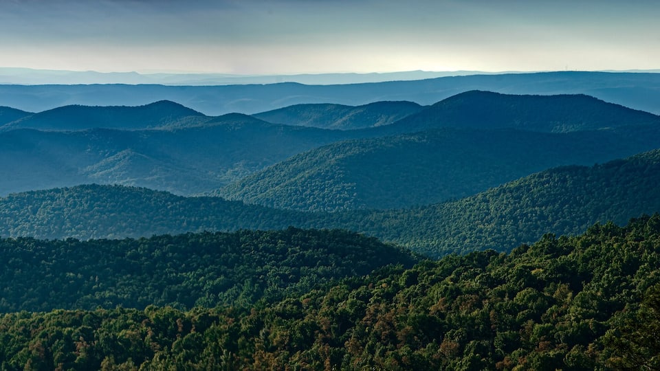 A mountainous landscape with dense forests and a cloudy sky.
