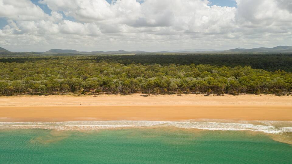 A coastal landscape with a sandy beach, turquoise waters, and a forested area in the background.