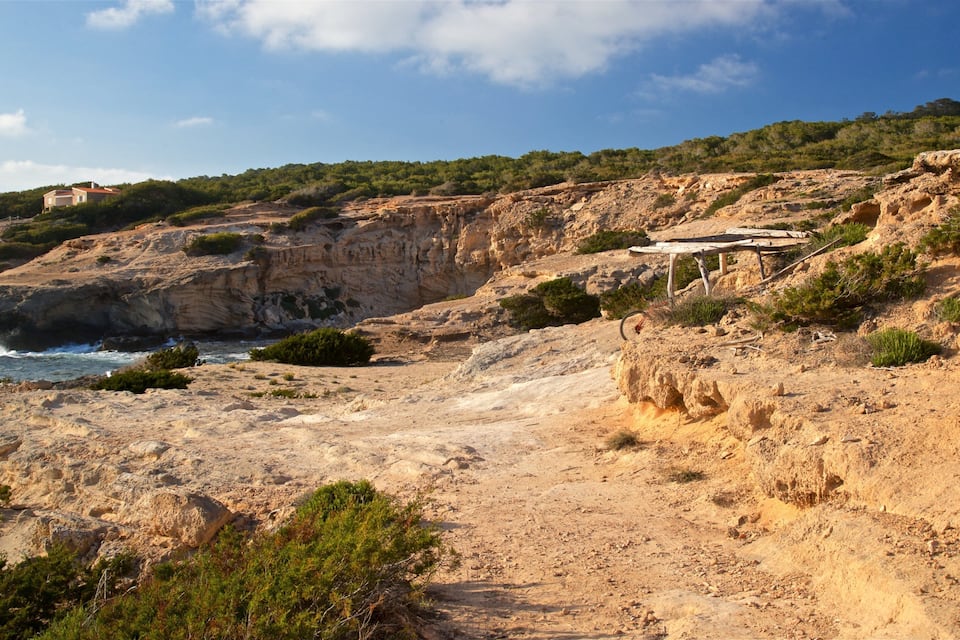 A coastal landscape with rocky cliffs, sparse vegetation, and a distant building.