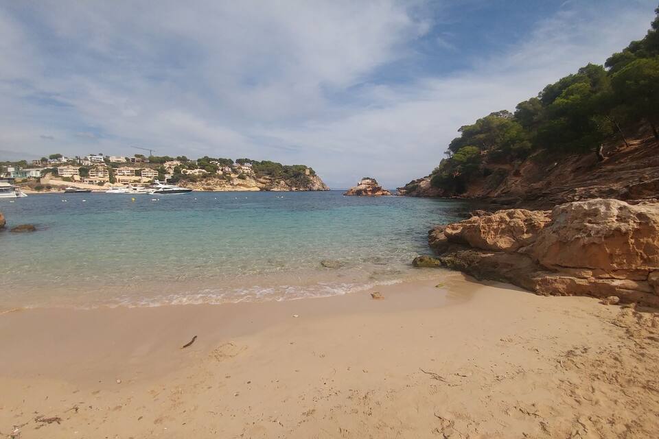 Une plage avec une eau claire, un rivage rocheux et des bâtiments en arrière-plan.