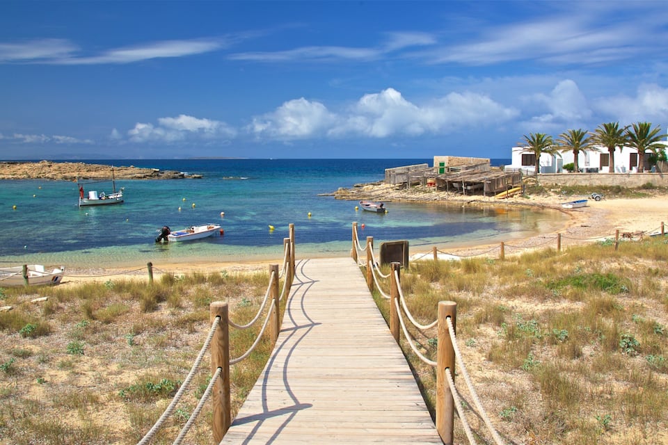 A coastal pathway leading to a beach with boats, a wooden structure, and palm trees.