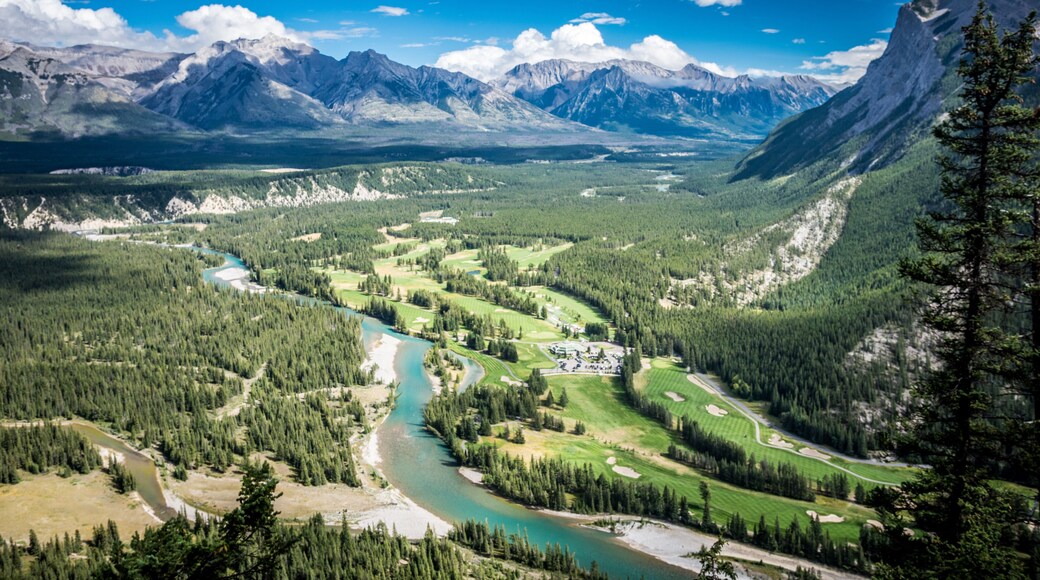 Lovely view from Tunnel Mountain summit in Banff National Park in Alberta Canada shows the Bow Valley below with its lush trees and a winding Bow River