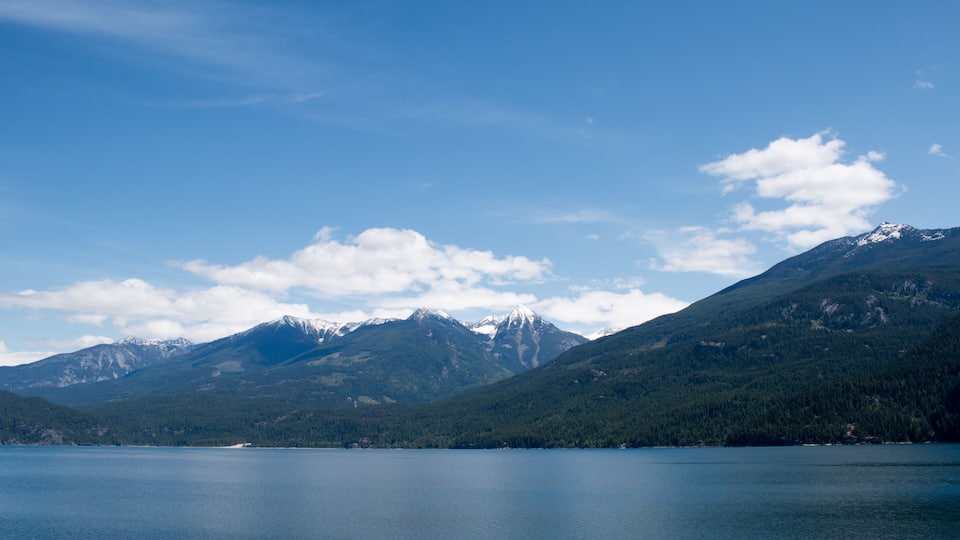 A lake surrounded by mountains with snow-capped peaks and dense forests.