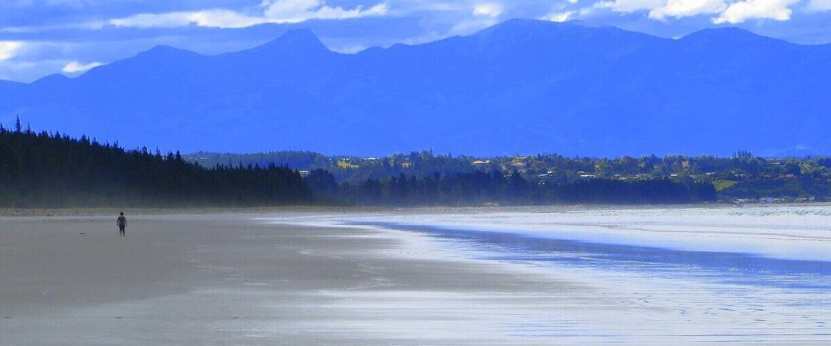 A beach with a person walking, mountains in the background, and a forested area.