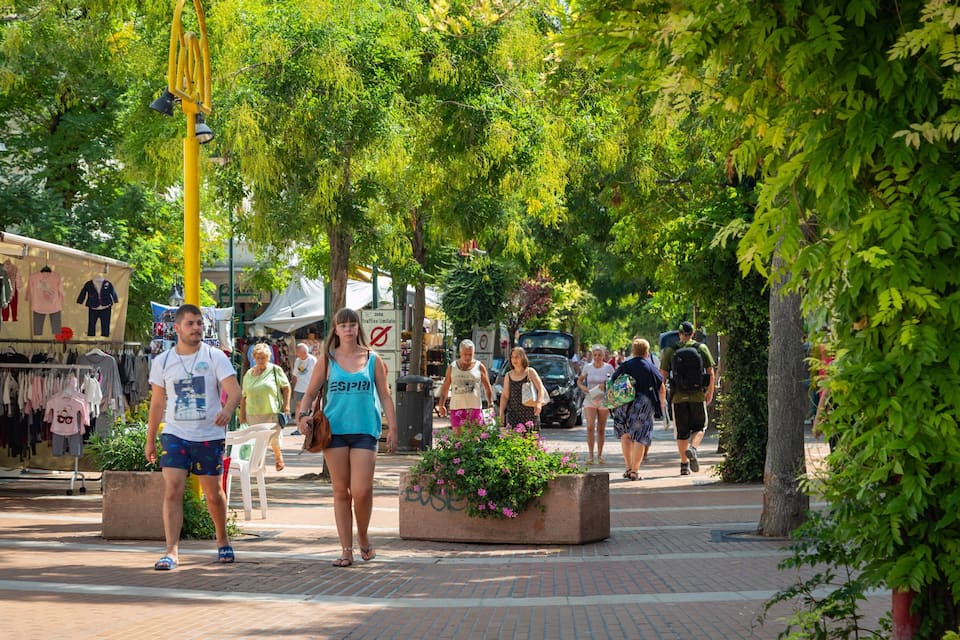 Une rue piétonne bordée d’arbres et de boutiques.