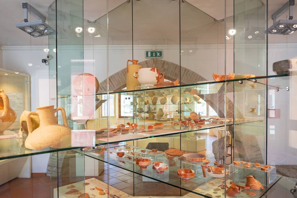 Un museo con vitrinas de vidrio que exhiben cerámica y artefactos.