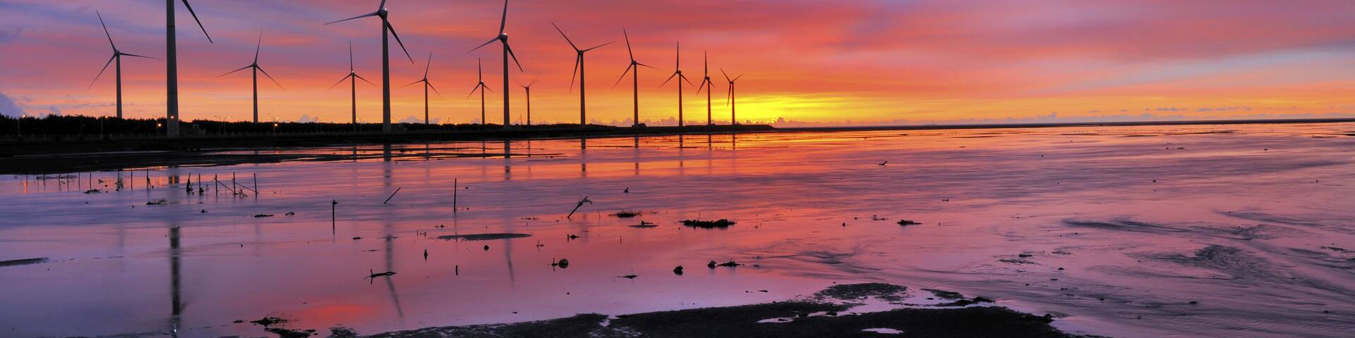 Wind turbines silhouetted against a sunset sky, a wet reflective surface, and a distant horizon.