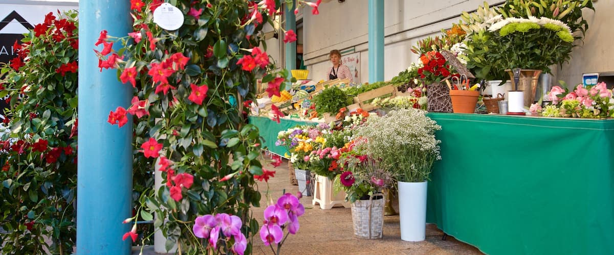 Quartier Victor Hugo montrant marchés et fleurs aussi bien que femme