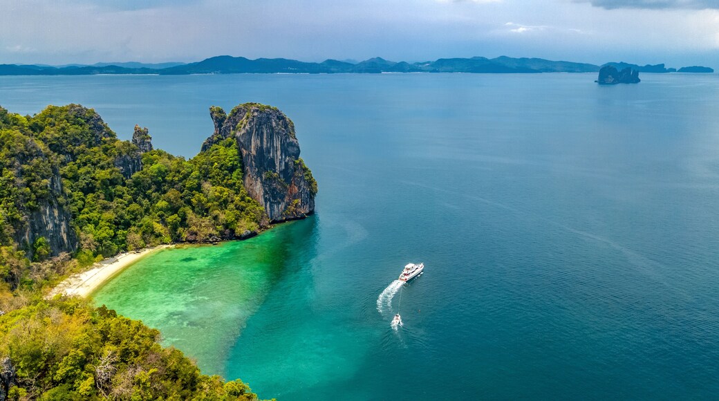 Aerial drone view of tropical Koh Hong island in blue clear Andaman sea water from above, beautiful archipelago islands and beaches of Krabi, Thailand