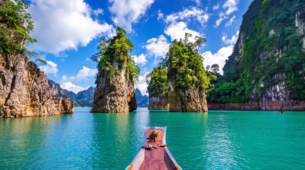 Beautiful mountains in Ratchaprapha Dam at Khao Sok National Park, Surat Thani Province, Thailand.