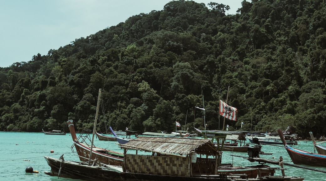 Traditional thai longtail boats floating on the calm turquoise water near Surin tropical island in Thailand