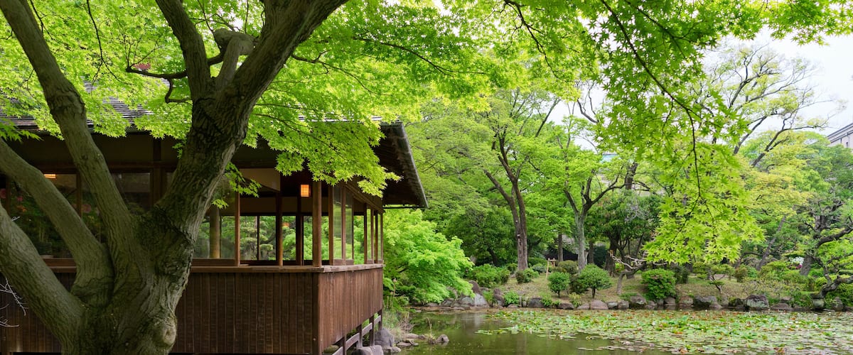 A view from Tennoji Keitakuen green garden; Shutterstock ID 421552432
