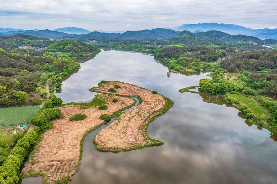 Um rio serpenteando por um vale exuberante, com montanhas ao fundo.