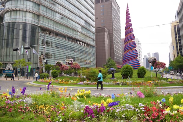 Cheonggye Plaza featuring wildflowers, a city and outdoor art