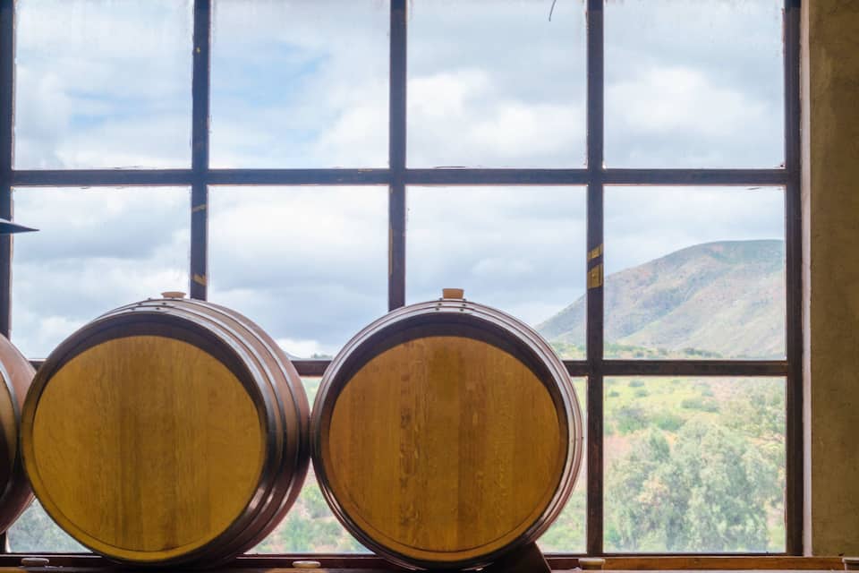 Tres barriles de madera frente a una ventana con vistas a un paisaje montañoso.