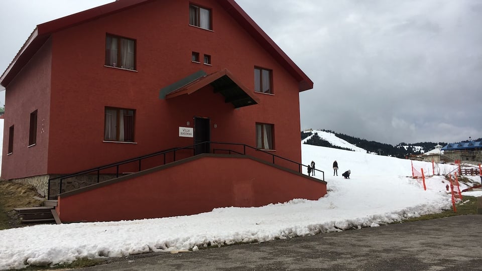 The hotel is on top of a mountain and it was a windy day but family enjoyed the place and had fun with snow.