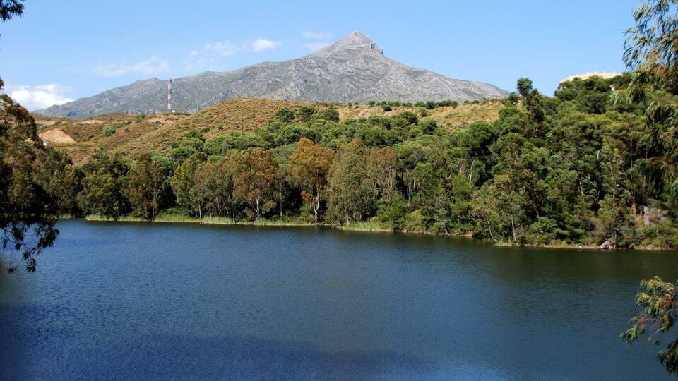 View across the lake towards the mountains at Nueva Andalucia Nature Reserve, Marbella, Andalusia, Spain.
