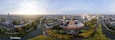 Super wide 360 degrees panoramic aerial view of the medieval Dutch centre of Utrecht with Inktpot building and cathedral towering over the city at early morning sunrise. Cityscape in The Netherlands