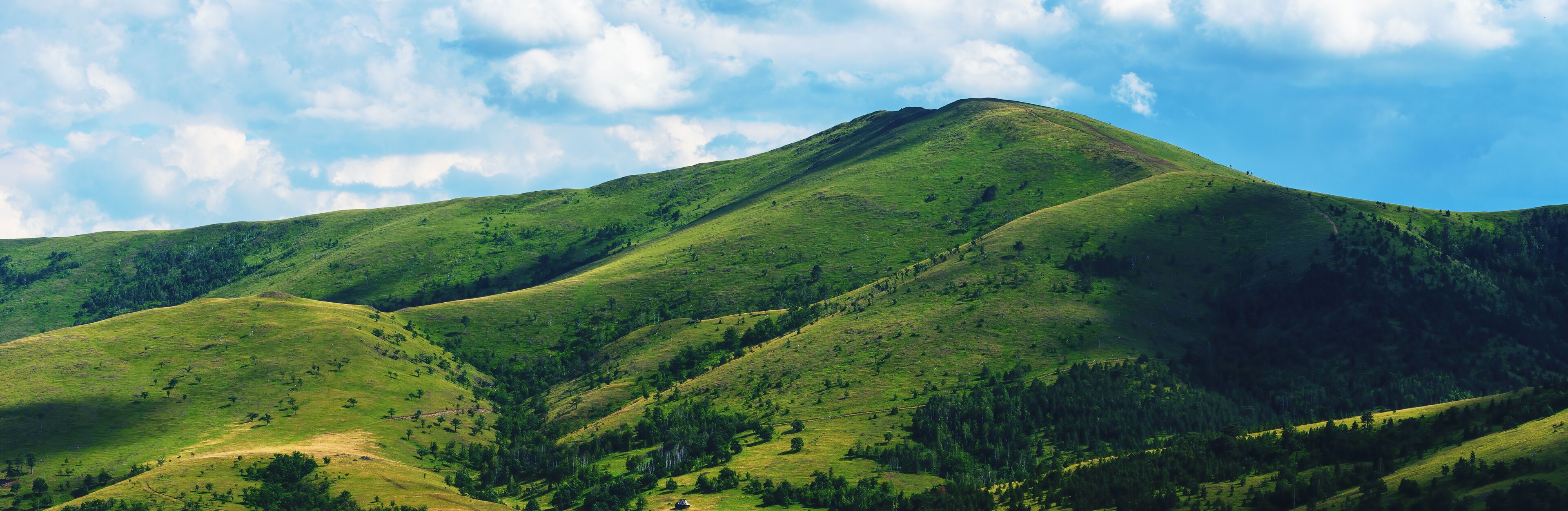 Rolling green hills with a prominent mountain peak under a partly cloudy sky.