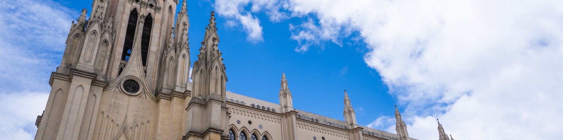 The Santa Barbara Church on the central square at Usaquén district, Bogota, Colombia.