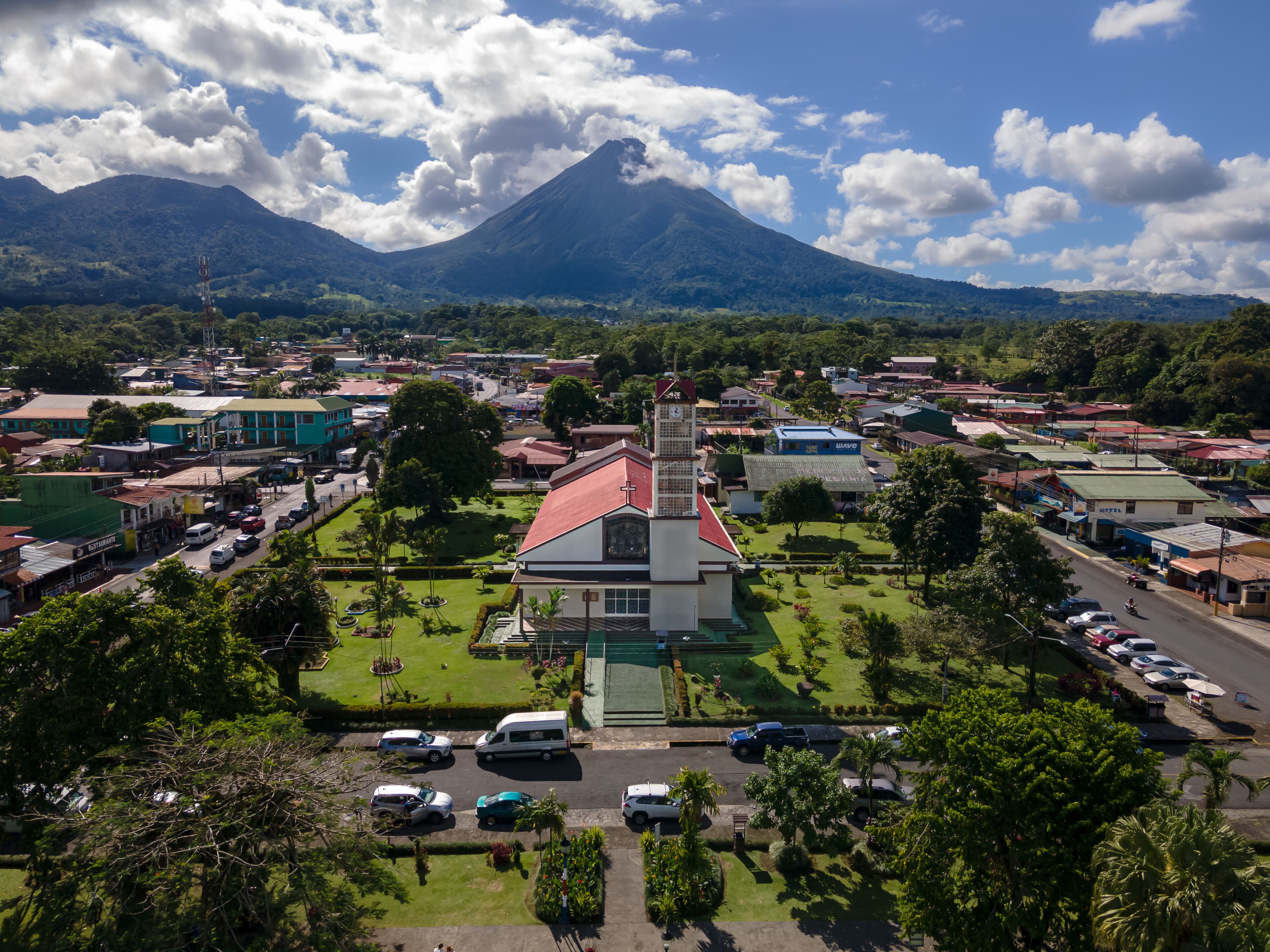 Beautiful aerial view of San Carlos La Fortuna Town - Arenal Volcano la Fortuna Church in Costa Rica