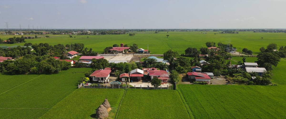 A rural landscape with green fields, red-roofed houses, and a clear sky.
